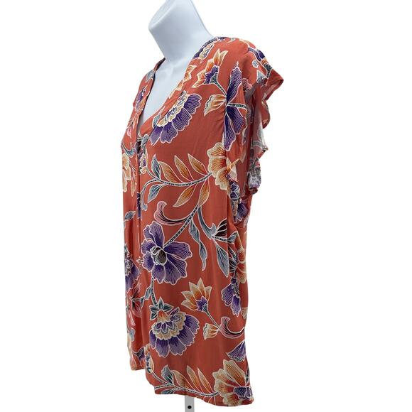 Rose & Thyme Floral Blouse WMNS M Orange Multi Flutter Sleeve V-Neck Lightweight - Picture 6 of 10